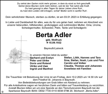 Anzeige von Berta Adler von Nordbayerischer Kurier