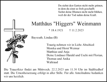 Anzeige von Matthäus Weinmann von Nordbayerischer Kurier