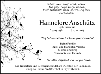 Anzeige von Hannelore Anschütz von Nordbayerischer Kurier