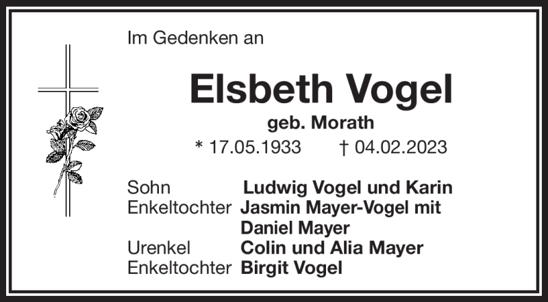 Traueranzeige für Elsbeth Vogel vom 17.02.2023 aus Nordbayerischer Kurier