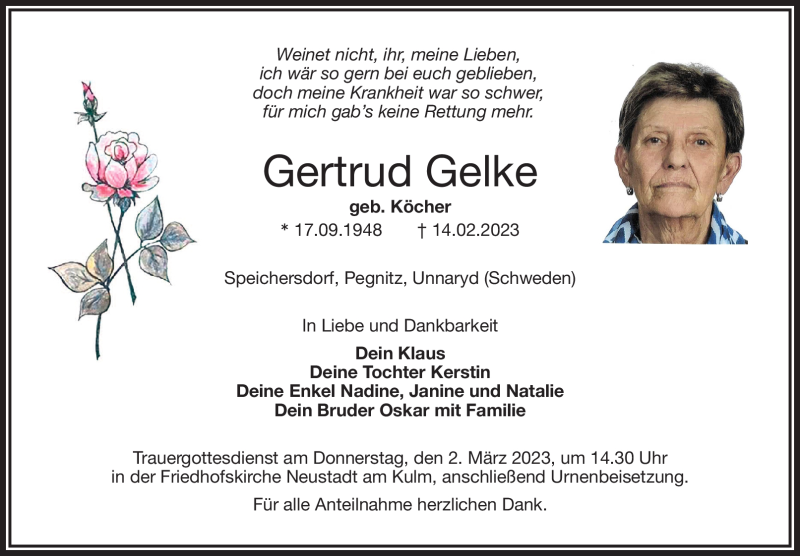  Traueranzeige für Gertrud Gelke vom 25.02.2023 aus Nordbayerischer Kurier