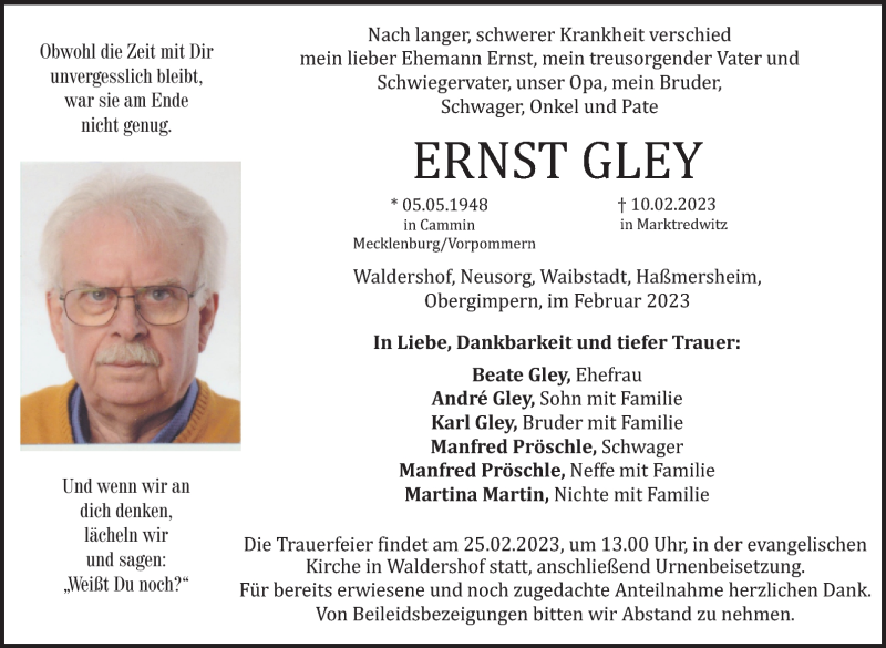  Traueranzeige für Ernst Gley vom 23.02.2023 aus Nordbayerischer Kurier