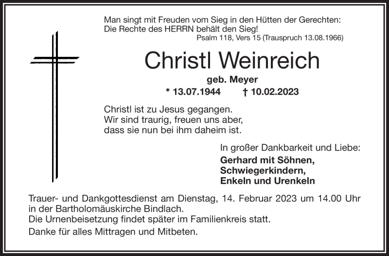  Traueranzeige für Christl Weinreich vom 13.02.2023 aus Nordbayerischer Kurier