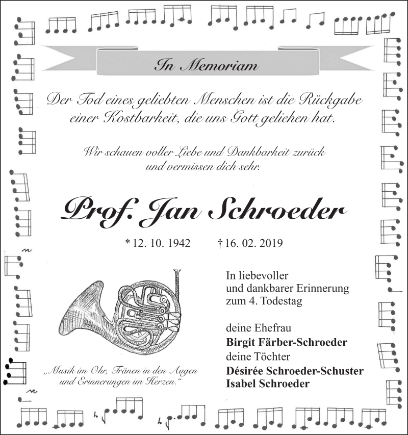 Traueranzeige für Jan Schroeder vom 16.02.2023 aus Nordbayerischer Kurier