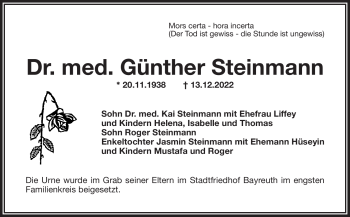 Anzeige von Dr. med. Günther Steinmann von Nordbayerischer Kurier