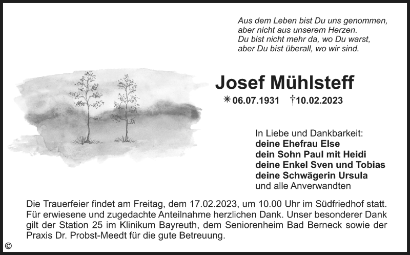  Traueranzeige für Josef Mühlsteff vom 14.02.2023 aus Nordbayerischer Kurier