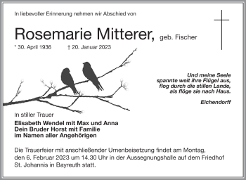 Anzeige von Rosemarie Mitterer von Nordbayerischer Kurier