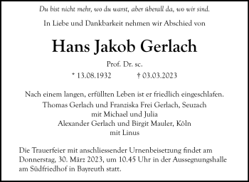 Anzeige von Hans Jakob Gerlach von Nordbayerischer Kurier