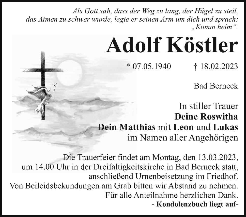  Traueranzeige für Adolf Köstler vom 09.03.2023 aus Nordbayerischer Kurier