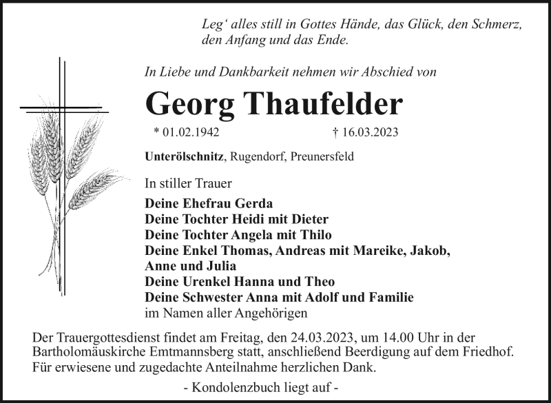  Traueranzeige für Georg Thaufelder vom 21.03.2023 aus Nordbayerischer Kurier