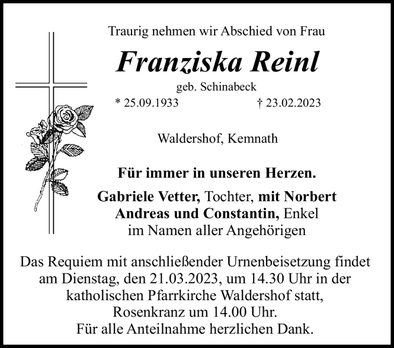  Traueranzeige für Franziska Reinl vom 17.03.2023 aus Nordbayerischer Kurier
