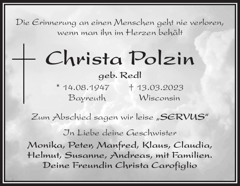  Traueranzeige für Christa Polzin vom 18.03.2023 aus Nordbayerischer Kurier