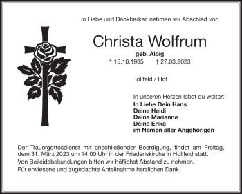 Anzeige von Christa Wolfrum von Nordbayerischer Kurier