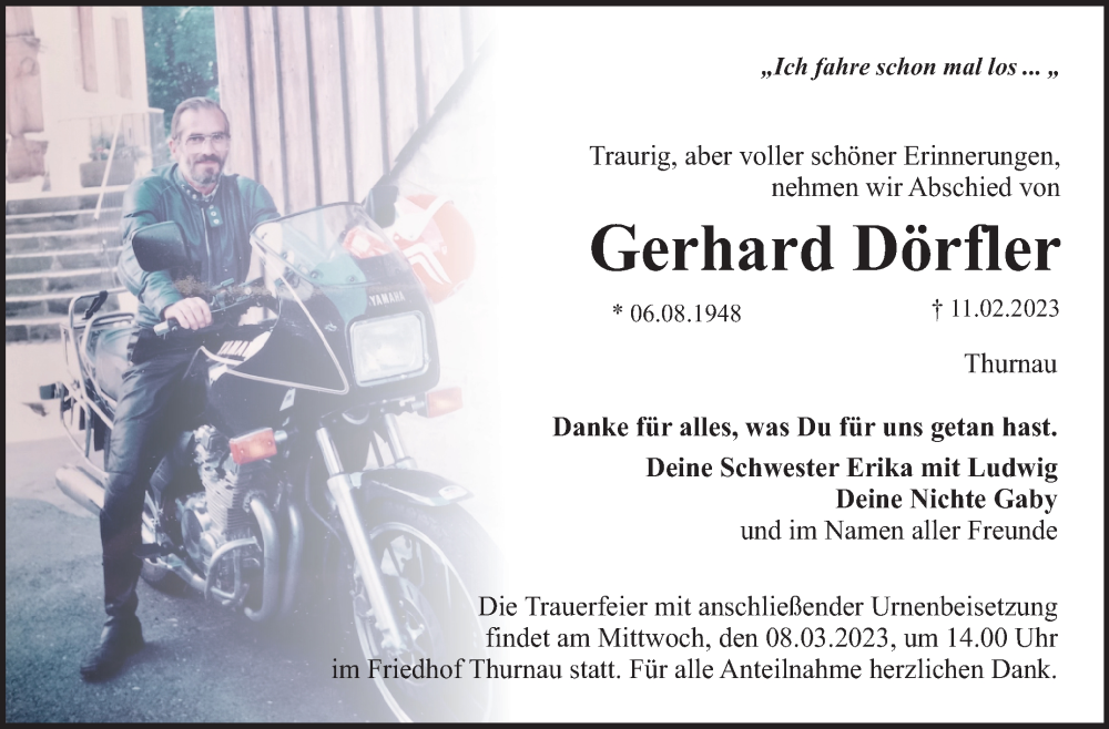  Traueranzeige für Gerhard Dörfler vom 04.03.2023 aus Nordbayerischer Kurier