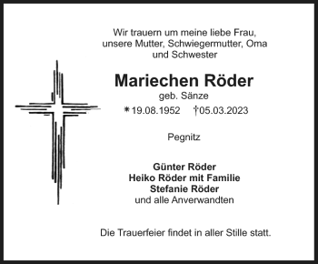 Anzeige von Mariechen Röder von Nordbayerischer Kurier