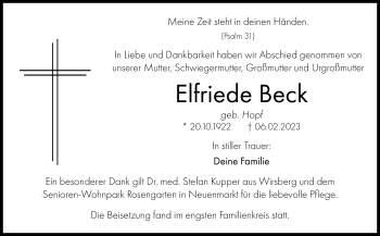 Anzeige von Elfriede Beck von Nordbayerischer Kurier