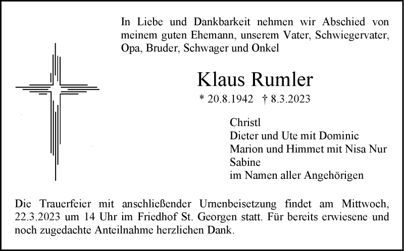  Traueranzeige für Klaus Rumler vom 18.03.2023 aus Nordbayerischer Kurier