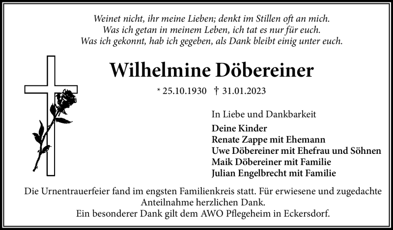  Traueranzeige für Wilhelmine Döbereiner vom 11.03.2023 aus Nordbayerischer Kurier