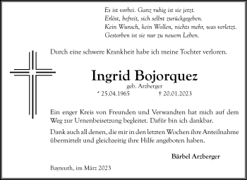 Anzeige von Ingrid Bojorquez von Nordbayerischer Kurier