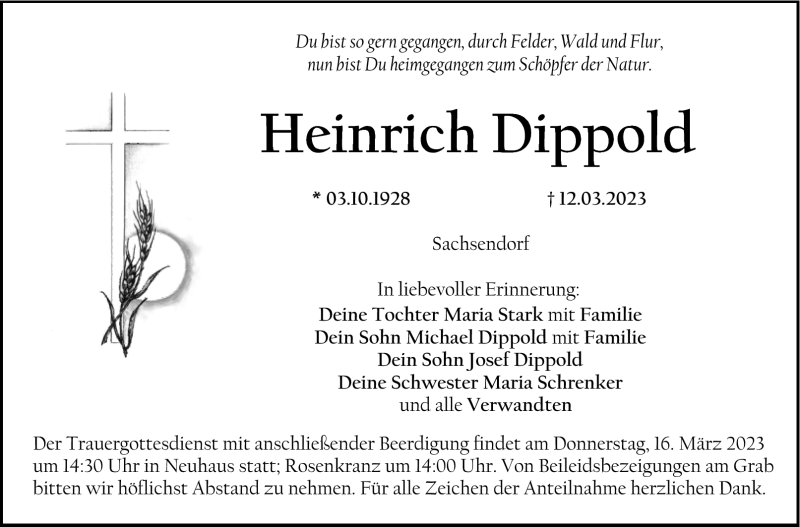  Traueranzeige für Heinrich Dippold vom 14.03.2023 aus Nordbayerischer Kurier