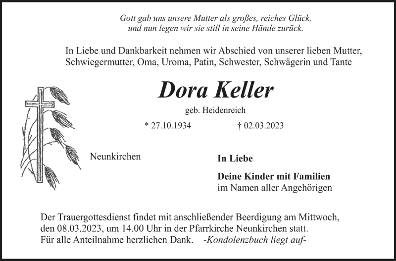  Traueranzeige für Dora Keller vom 06.03.2023 aus Nordbayerischer Kurier
