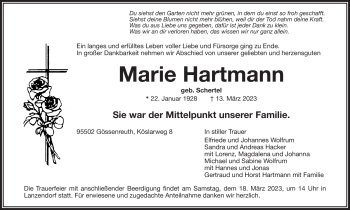Anzeige von Marie Hartmann von Nordbayerischer Kurier