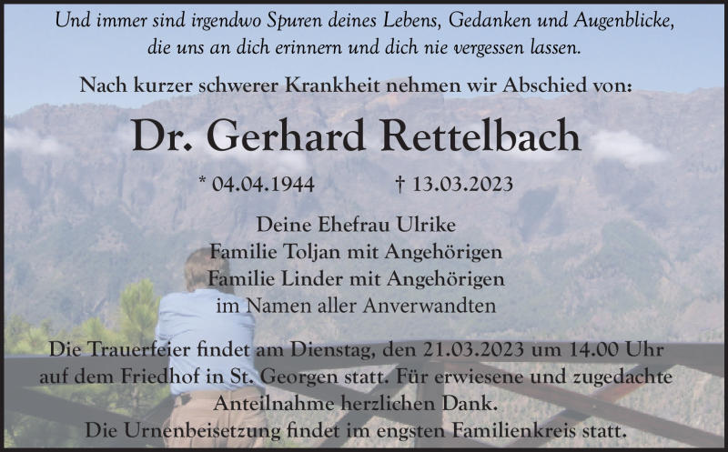  Traueranzeige für Gerhard Rettelbach vom 17.03.2023 aus Nordbayerischer Kurier