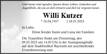 Anzeige von Willi Kutzer von Nordbayerischer Kurier