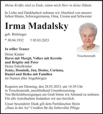 Anzeige von Irma Madalsky von Nordbayerischer Kurier