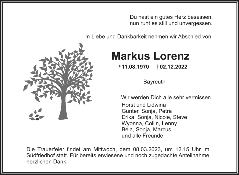  Traueranzeige für Markus Lorenz vom 04.03.2023 aus Nordbayerischer Kurier