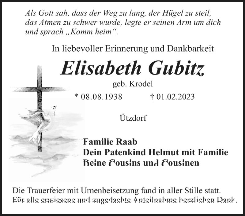  Traueranzeige für Elisabeth Gubitz vom 08.03.2023 aus Nordbayerischer Kurier