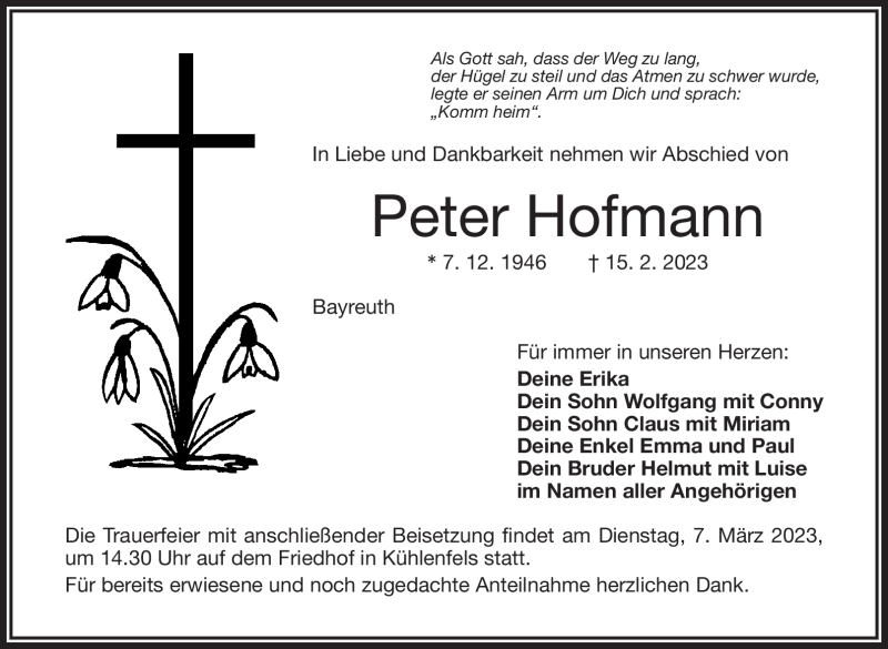  Traueranzeige für Peter Hofmann vom 04.03.2023 aus Nordbayerischer Kurier