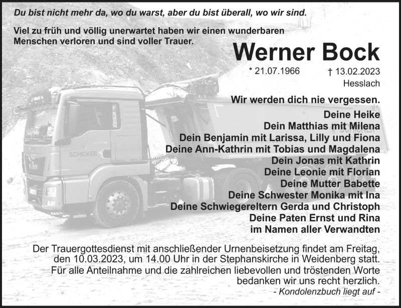  Traueranzeige für Werner Bock vom 04.03.2023 aus Nordbayerischer Kurier