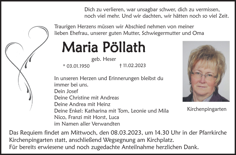  Traueranzeige für Maria Pöllath vom 04.03.2023 aus Nordbayerischer Kurier