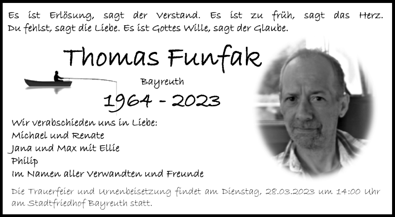  Traueranzeige für Thomas Funfak vom 25.03.2023 aus Nordbayerischer Kurier