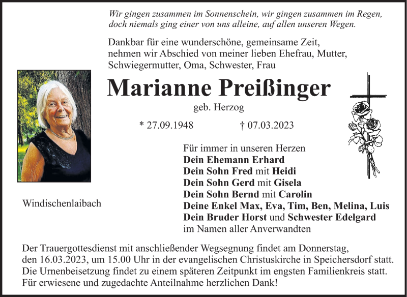  Traueranzeige für Marianne Preißinger vom 14.03.2023 aus Nordbayerischer Kurier