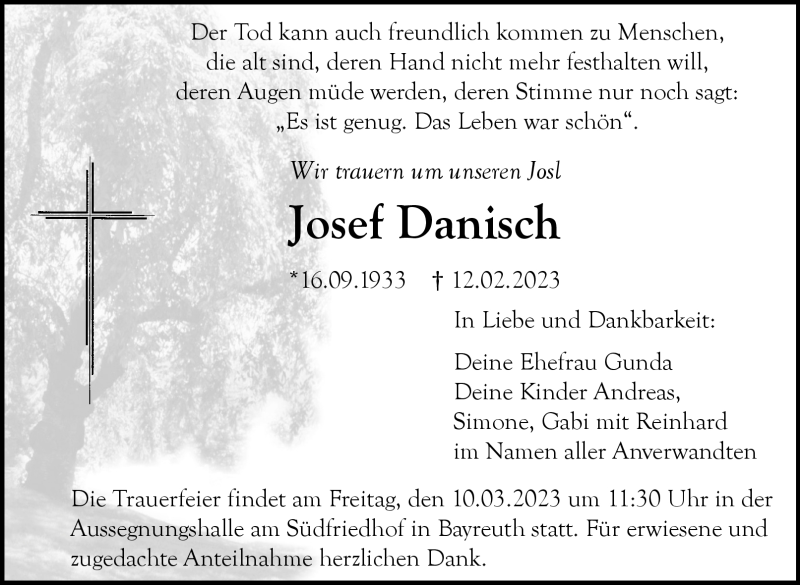  Traueranzeige für Josef Danisch vom 04.03.2023 aus Nordbayerischer Kurier