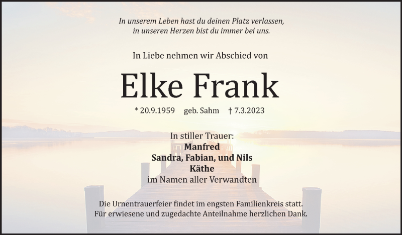  Traueranzeige für Elke Frank vom 11.03.2023 aus Nordbayerischer Kurier
