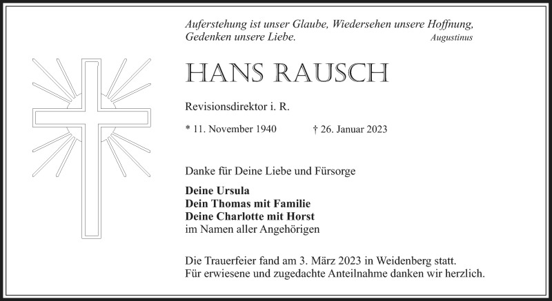  Traueranzeige für Hans Rausch vom 04.03.2023 aus Nordbayerischer Kurier