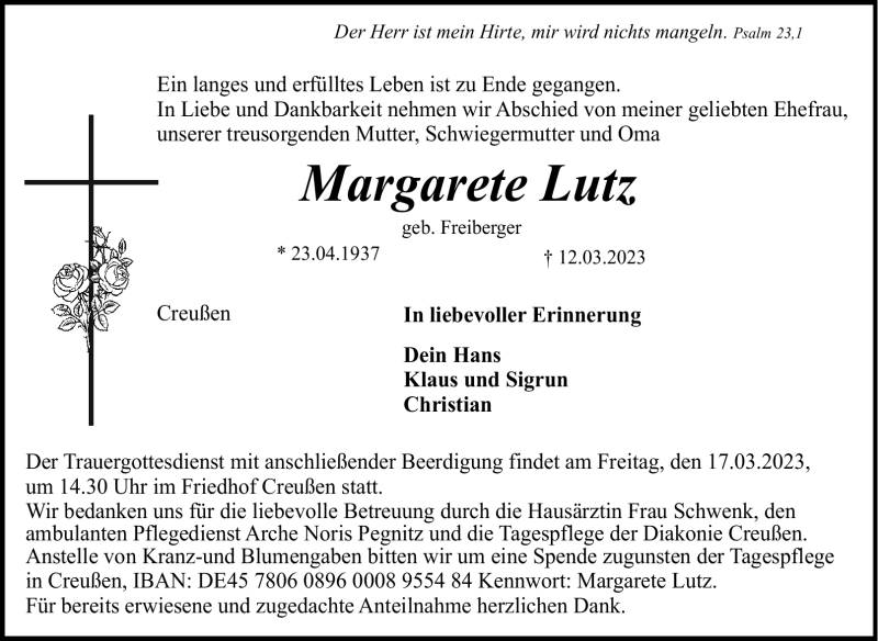  Traueranzeige für Margarete Lutz vom 15.03.2023 aus Nordbayerischer Kurier