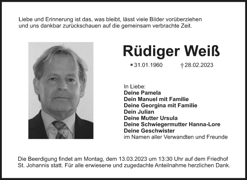  Traueranzeige für Rüdiger Weiß vom 08.03.2023 aus Nordbayerischer Kurier