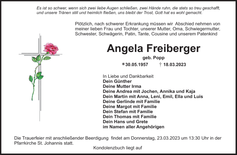  Traueranzeige für Angela Freiberger vom 21.03.2023 aus Nordbayerischer Kurier