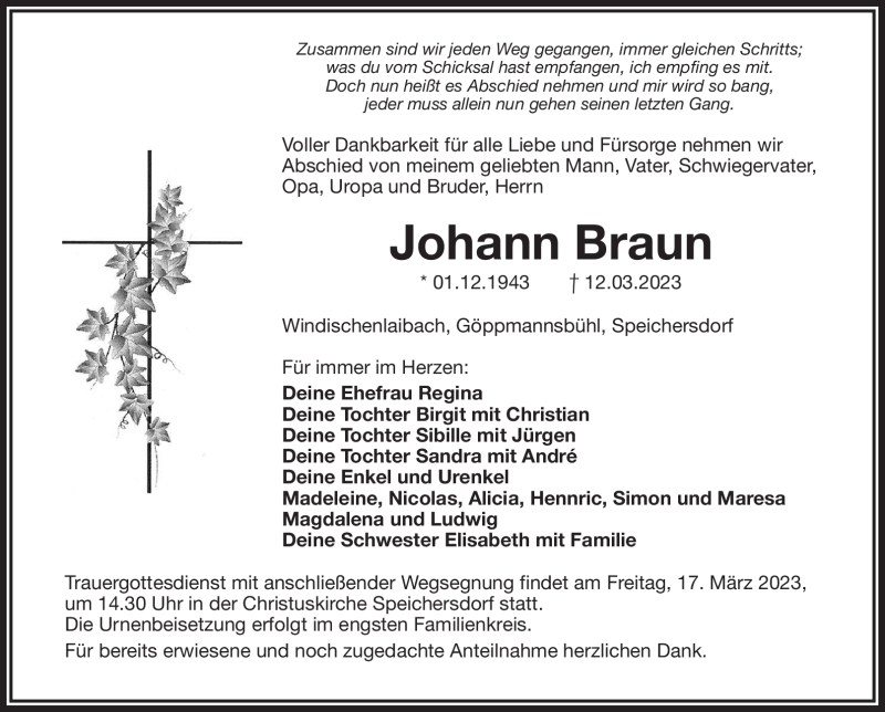  Traueranzeige für Johann Braun vom 15.03.2023 aus Nordbayerischer Kurier