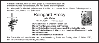 Anzeige von Reingard Procy von Nordbayerischer Kurier