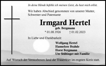 Anzeige von Irmgard Hertel von Nordbayerischer Kurier