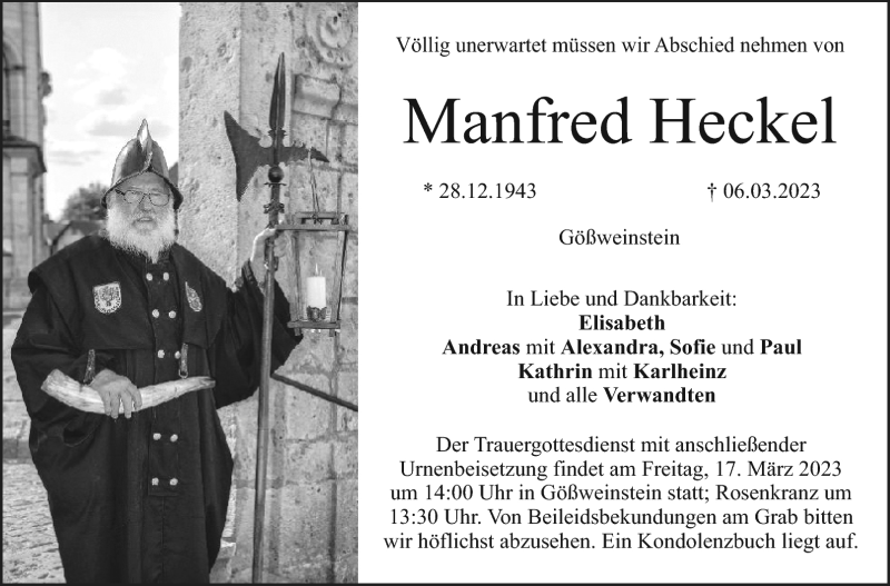  Traueranzeige für Manfred Heckel vom 11.03.2023 aus Nordbayerischer Kurier