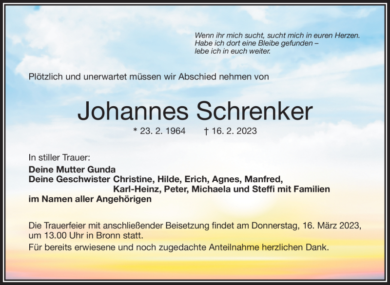 Traueranzeige für Johannes Schrenker vom 11.03.2023 aus Nordbayerischer Kurier