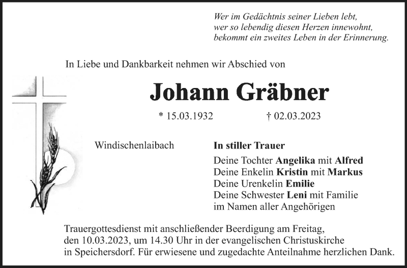  Traueranzeige für Johann Gräbner vom 08.03.2023 aus Nordbayerischer Kurier