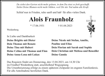 Anzeige von Alois Fraunholz von Nordbayerischer Kurier