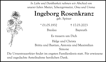 Anzeige von Ingeborg Rosenrkanz von Nordbayerischer Kurier